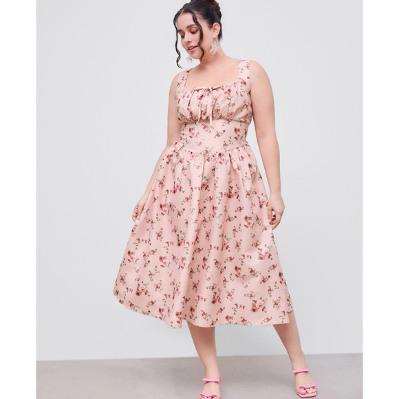 Cider Pink Rose Floral Woven Corset Midi Peasant Dress 3XL - Picture 10 of 15